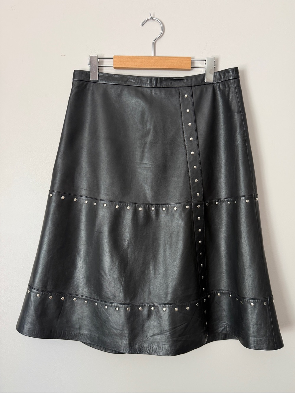 Oui Black Studded Leather A-Line Midi Skirt Size 10 - Picture 2 of 14